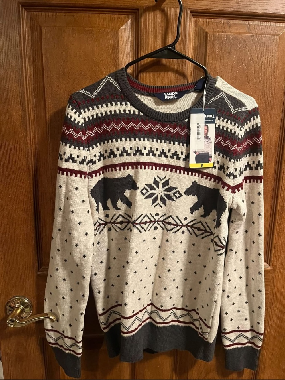 Lands' End  Cream and Burgundy Fair Isle Bear Sweater